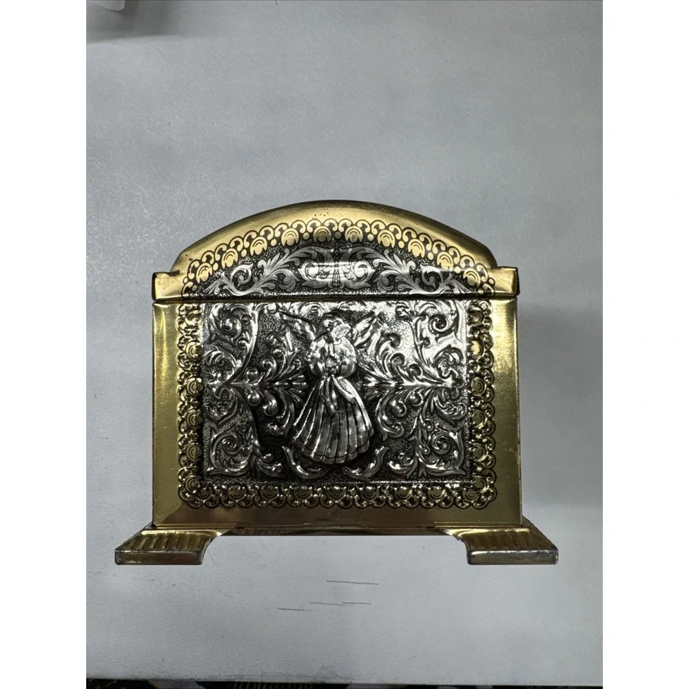 Vintage Teleflora Angel Embossed Chest Tin Gold and Silver tone West Germany  VG